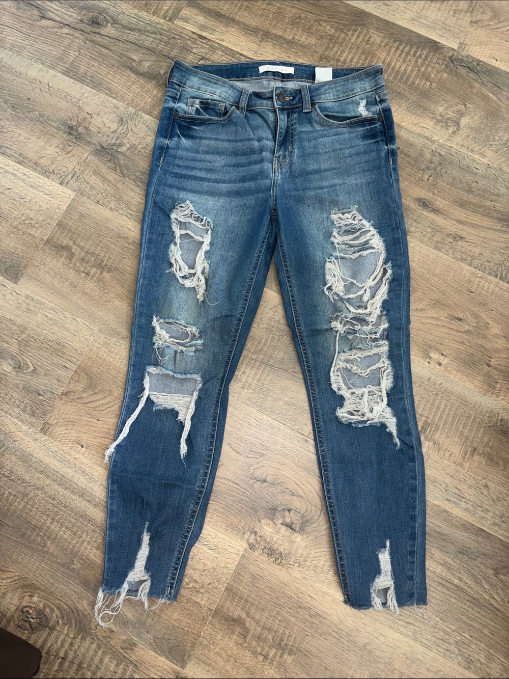 Eunina Mid Rise Skinny Crop Jeans - Dark Blue Distressed for Women